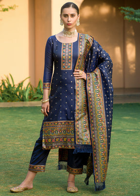 3 Pc Blue Unstitched Silk Suit Set