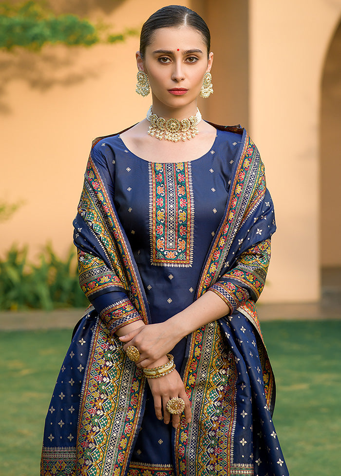 3 Pc Blue Unstitched Silk Suit Set