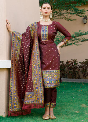 3 Pc Brown Unstitched Silk Suit Set