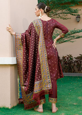 3 Pc Brown Unstitched Silk Suit Set