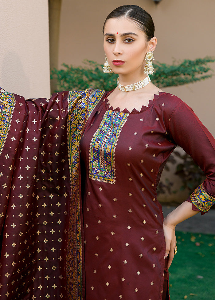 3 Pc Brown Unstitched Silk Suit Set