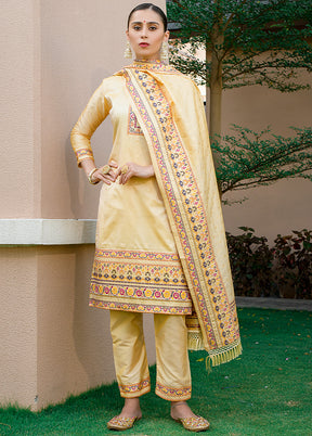 3 Pc Cream Unstitched Silk Suit Set