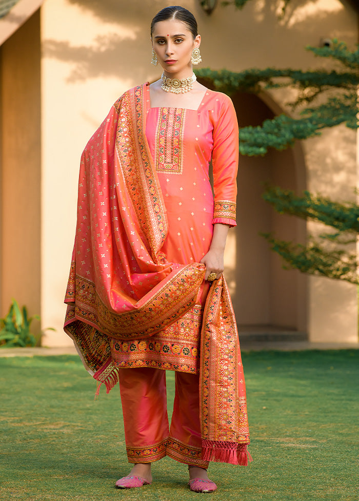 3 Pc Peach Unstitched Silk Suit Set