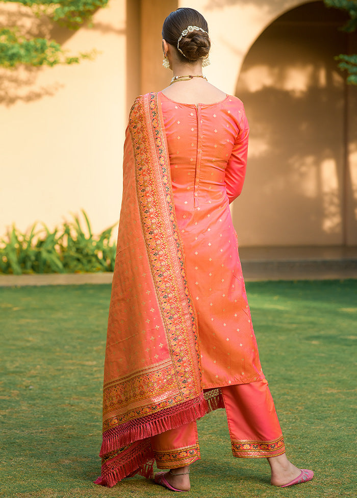 3 Pc Peach Unstitched Silk Suit Set