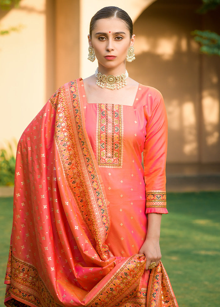 3 Pc Peach Unstitched Silk Suit Set