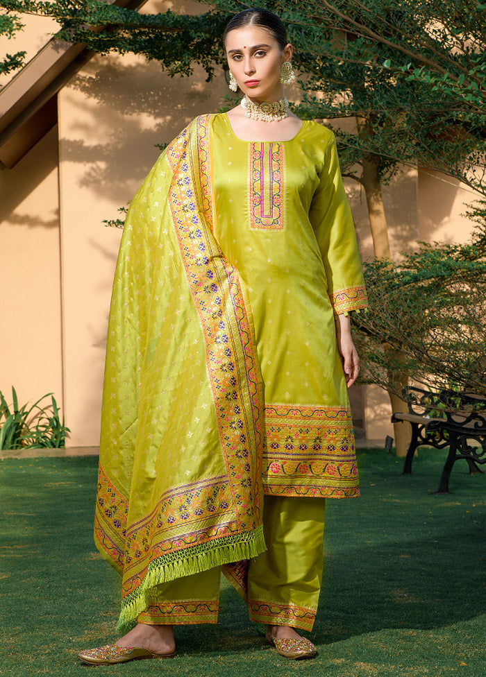 3 Pc Pista Green Unstitched Silk Suit Set