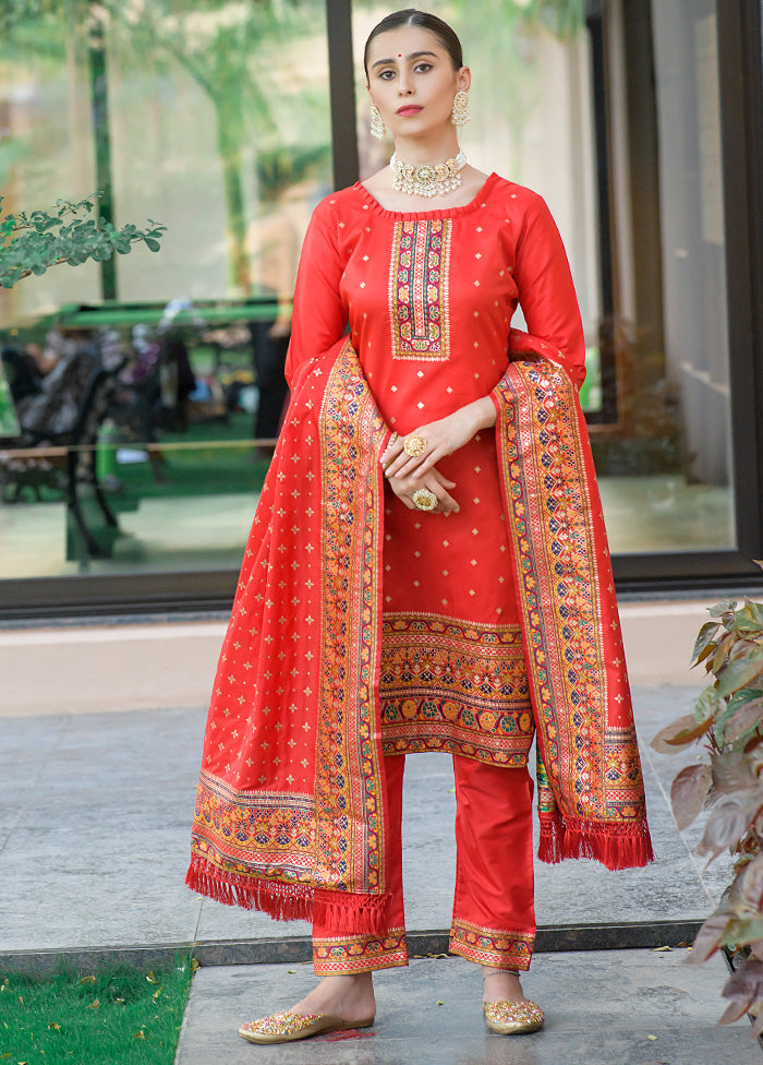 3 Pc Red Unstitched Silk Suit Set