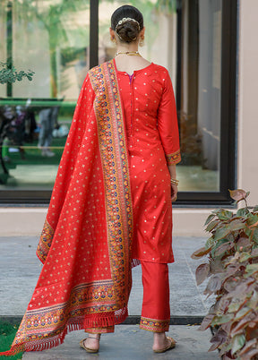 3 Pc Red Unstitched Silk Suit Set