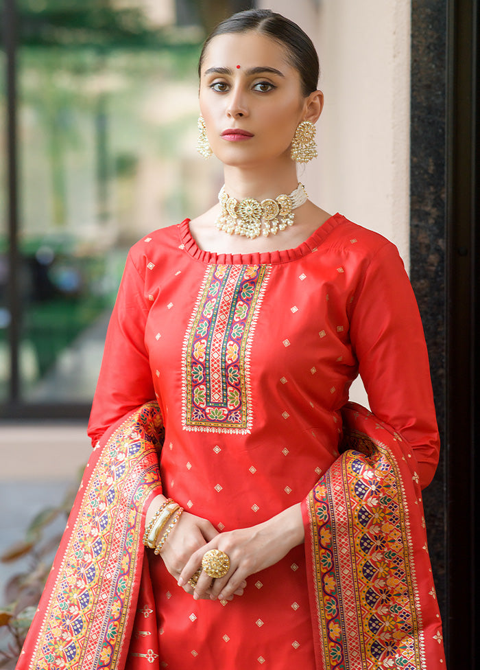 3 Pc Red Unstitched Silk Suit Set