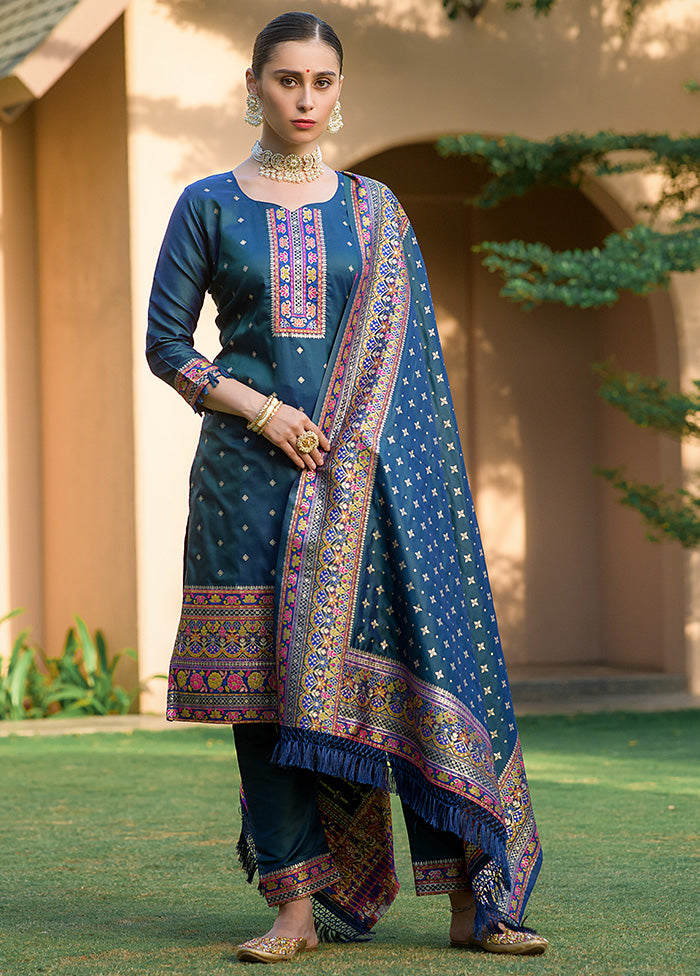 3 Pc Teal Unstitched Silk Suit Set