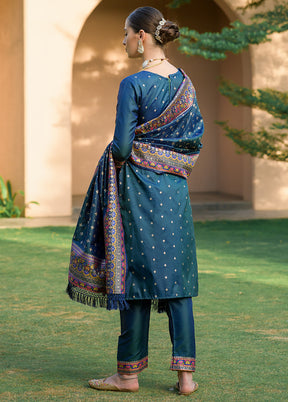 3 Pc Teal Unstitched Silk Suit Set