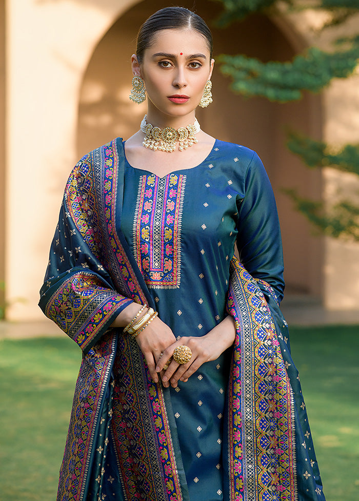 3 Pc Teal Unstitched Silk Suit Set