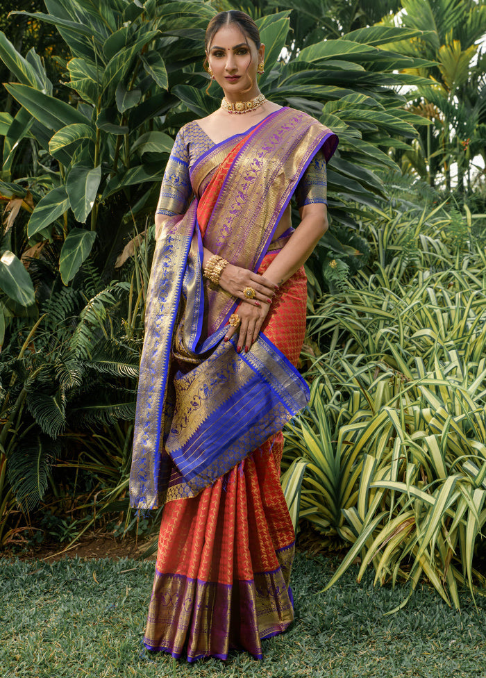 Red Dupion Silk Saree With Blouse Piece