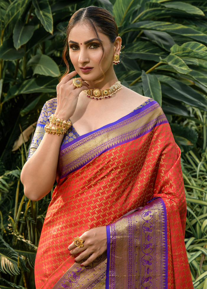 Red Dupion Silk Saree With Blouse Piece