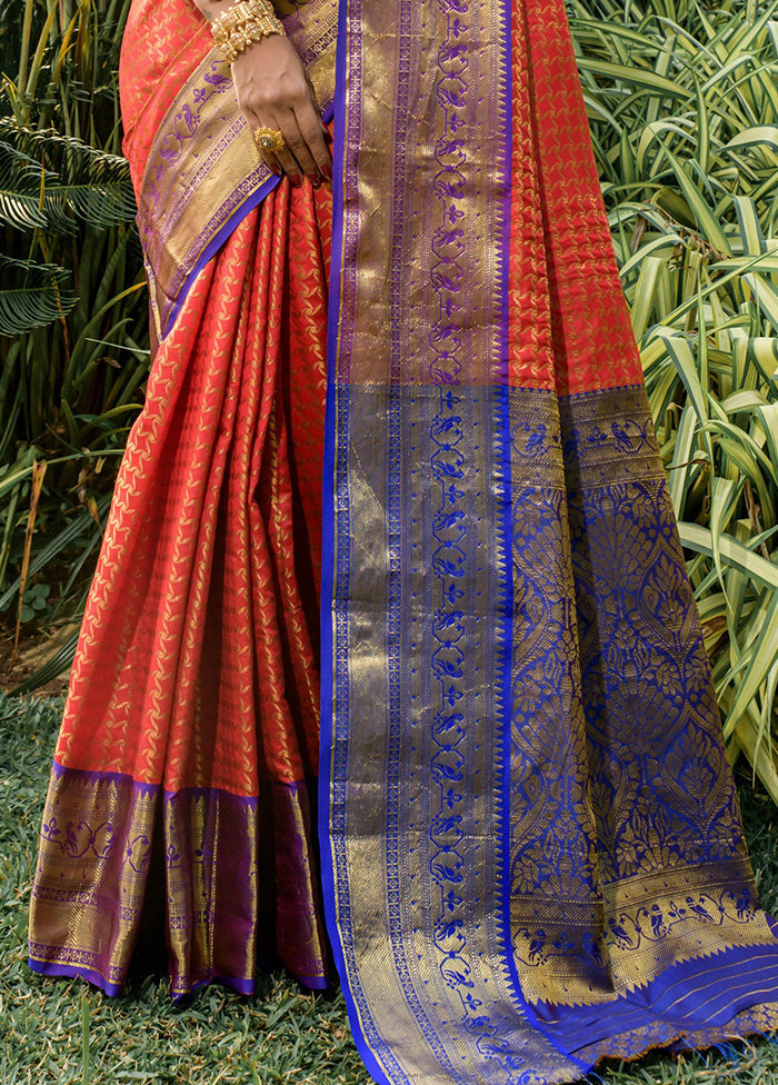 Red Dupion Silk Saree With Blouse Piece