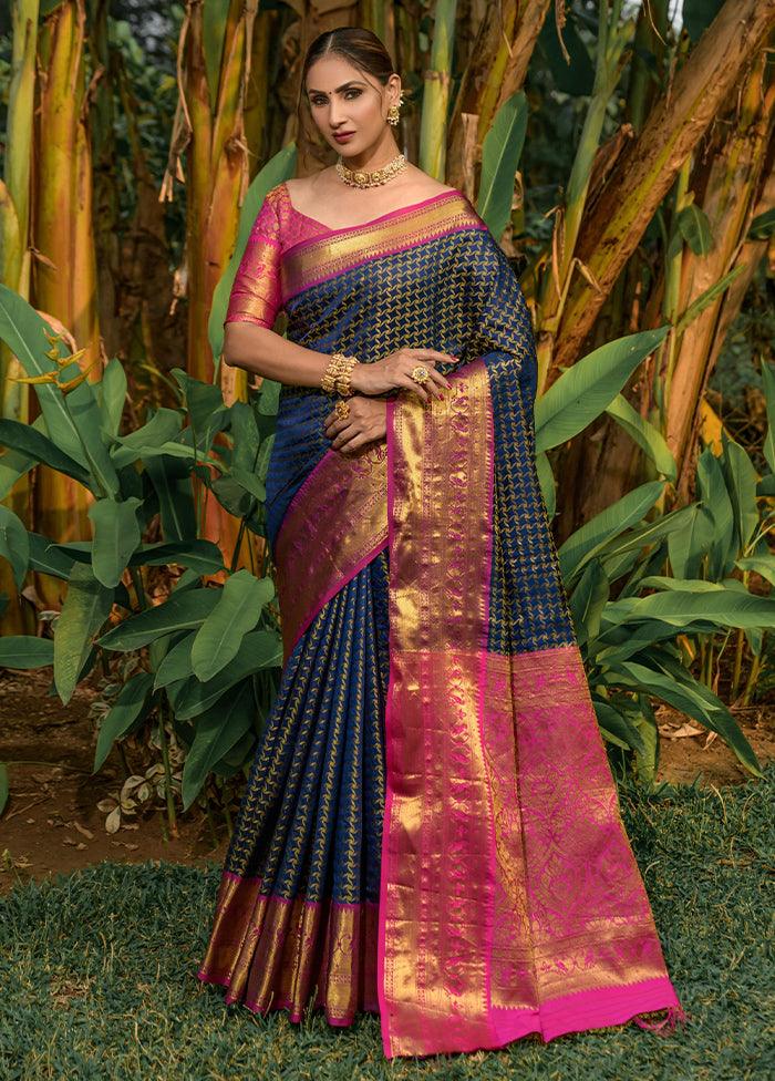 Navy Blue Dupion Silk Saree With Blouse Piece