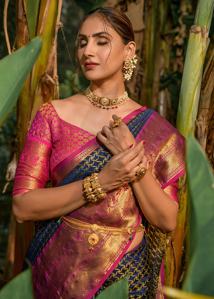 Navy Blue Dupion Silk Saree With Blouse Piece