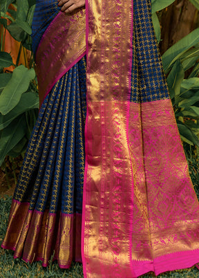 Navy Blue Dupion Silk Saree With Blouse Piece