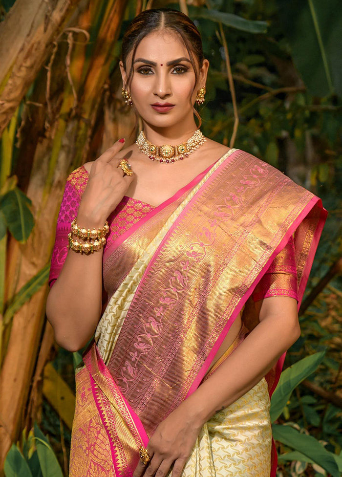 Off White Dupion Silk Saree With Blouse Piece