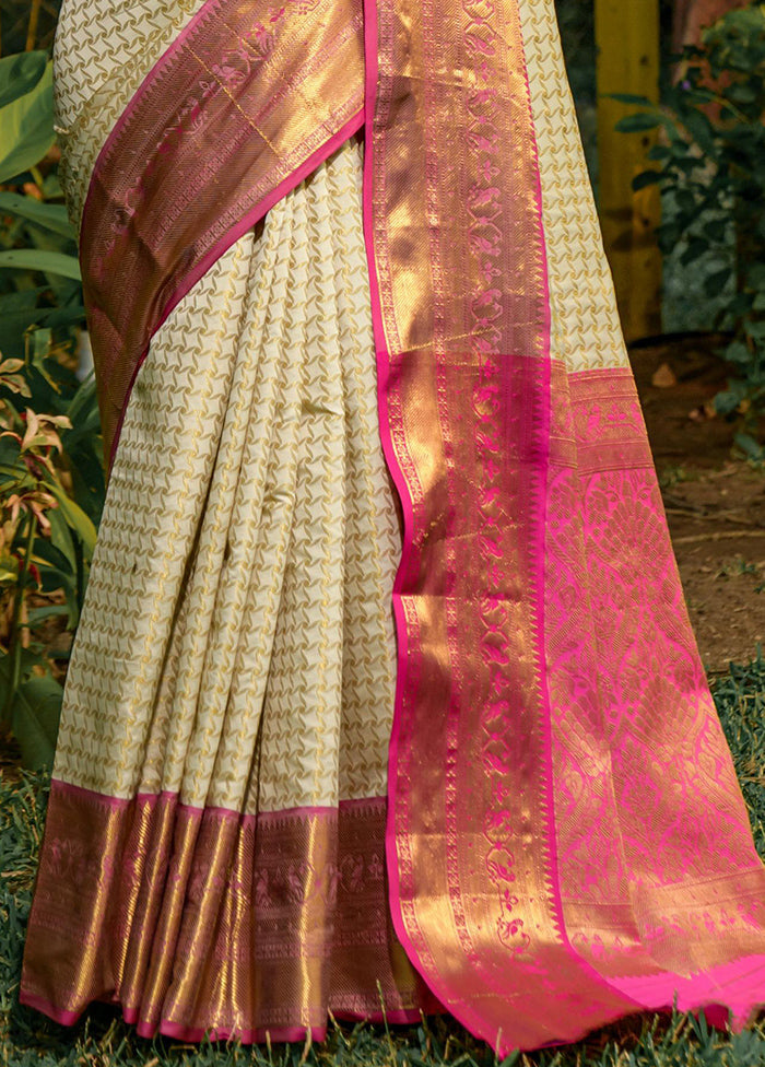 Off White Dupion Silk Saree With Blouse Piece