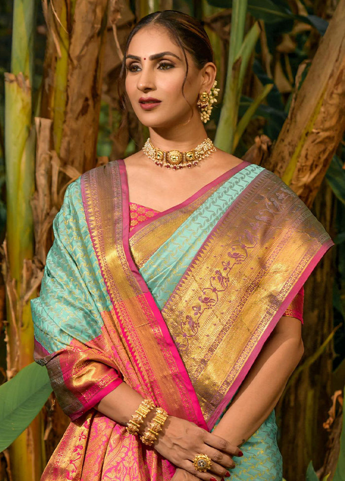 Sea Green Dupion Silk Saree With Blouse Piece