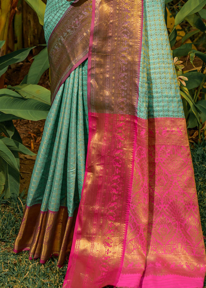 Sea Green Dupion Silk Saree With Blouse Piece