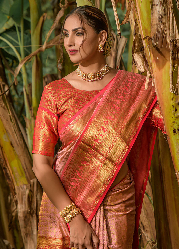 Peach Dupion Silk Saree With Blouse Piece