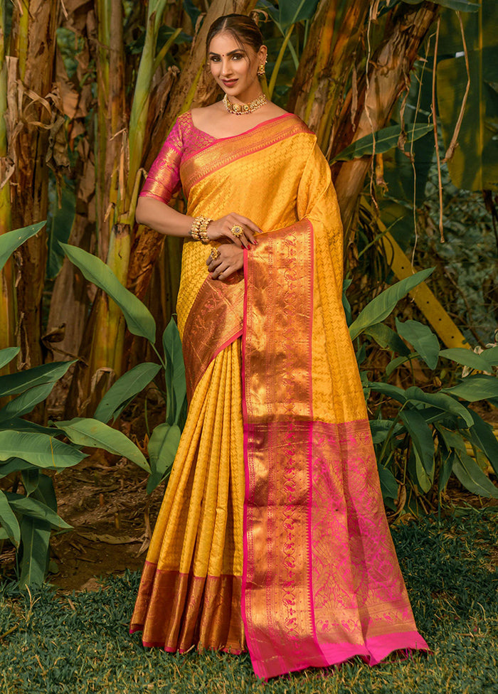 Yellow Dupion Silk Saree With Blouse Piece