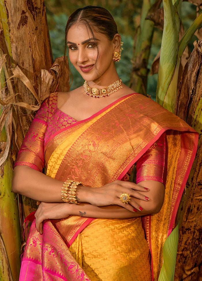 Yellow Dupion Silk Saree With Blouse Piece