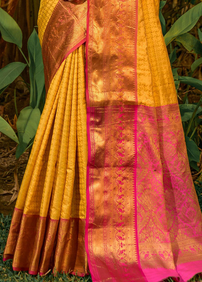 Yellow Dupion Silk Saree With Blouse Piece