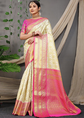 Off White Dupion Silk Saree With Blouse Piece