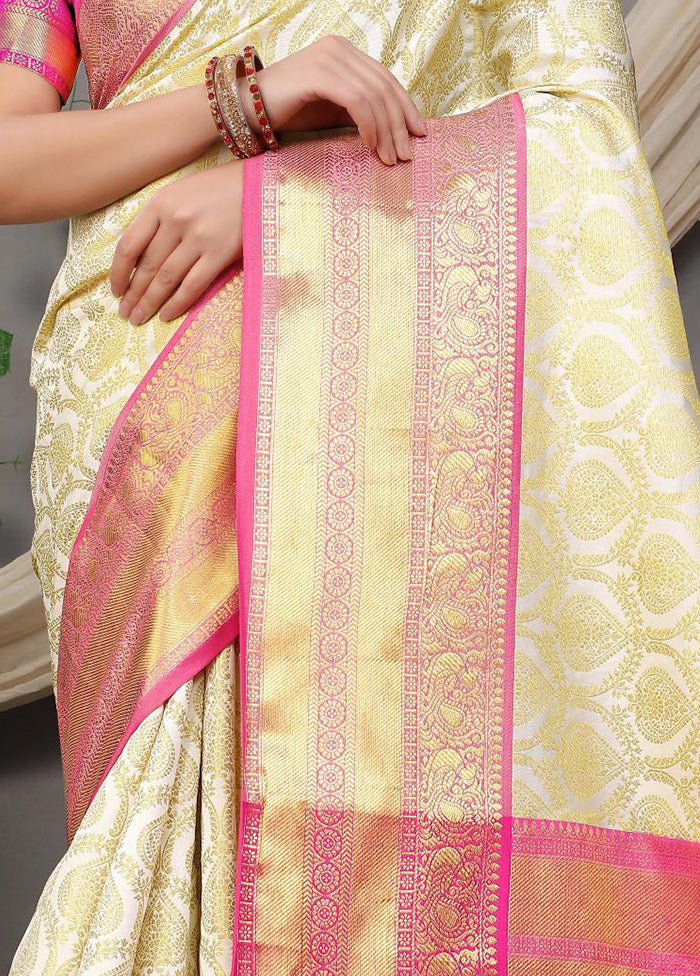 Off White Dupion Silk Saree With Blouse Piece