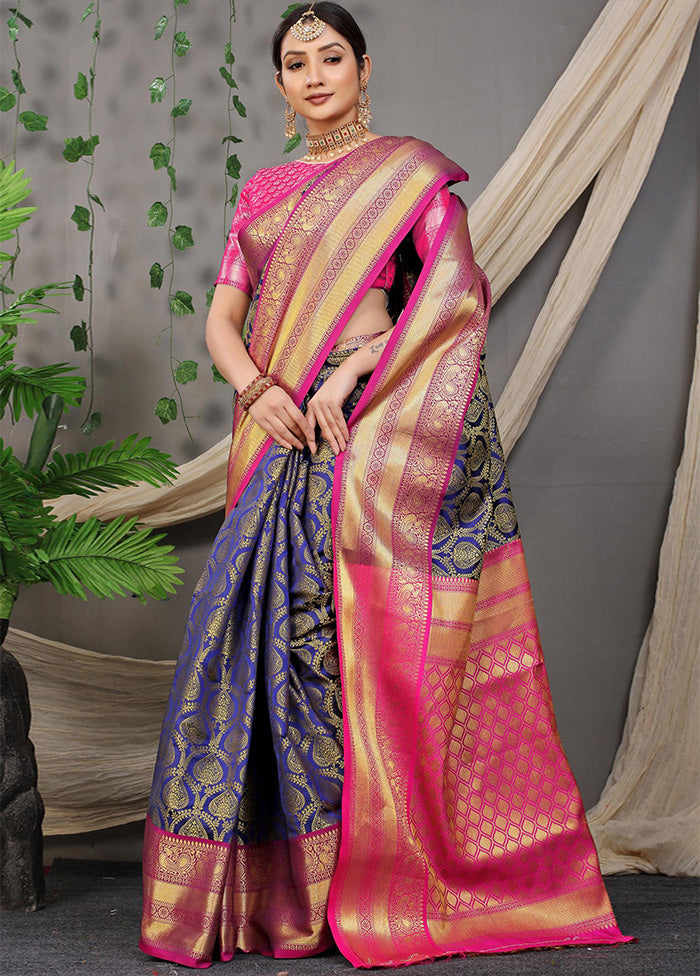 Navy Blue Dupion Silk Saree With Blouse Piece