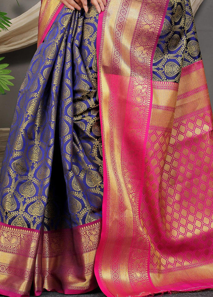 Navy Blue Dupion Silk Saree With Blouse Piece