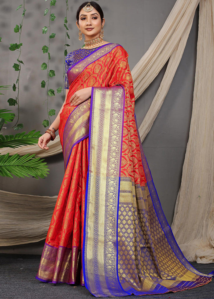 Red Dupion Silk Saree With Blouse Piece