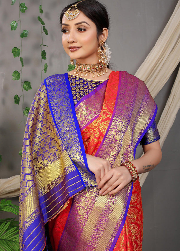 Red Dupion Silk Saree With Blouse Piece