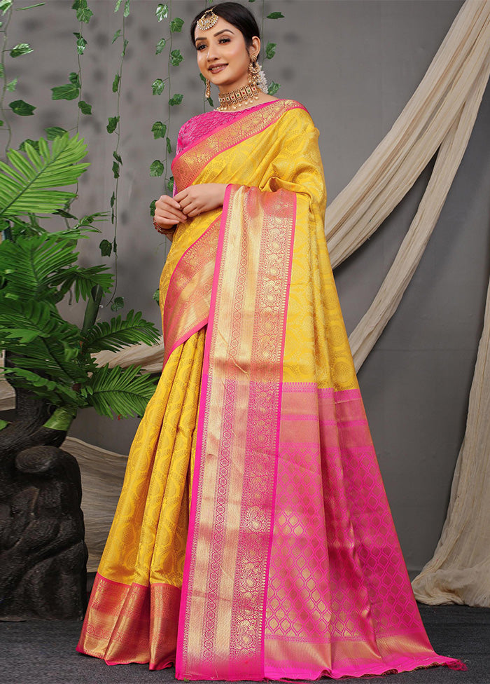 Yellow Dupion Silk Saree With Blouse Piece