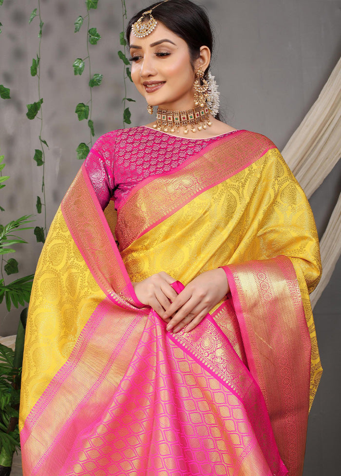 Yellow Dupion Silk Saree With Blouse Piece