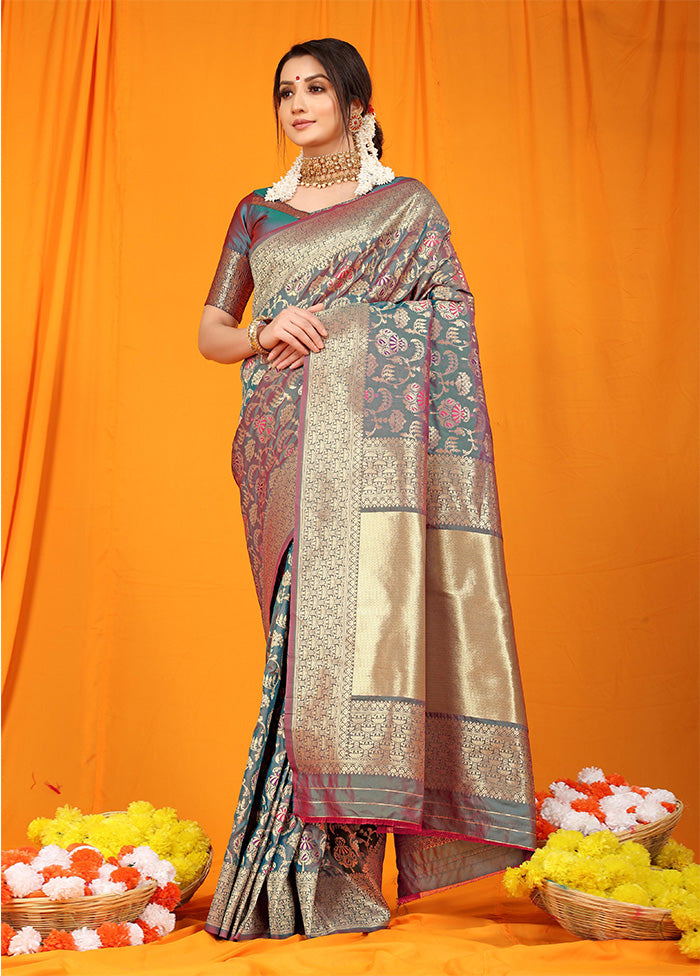 Grey Dupion Silk Saree With Blouse Piece