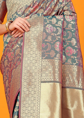 Grey Dupion Silk Saree With Blouse Piece