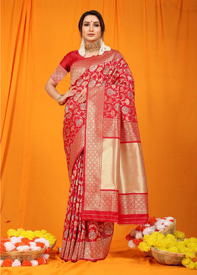 Red Dupion Silk Saree With Blouse Piece