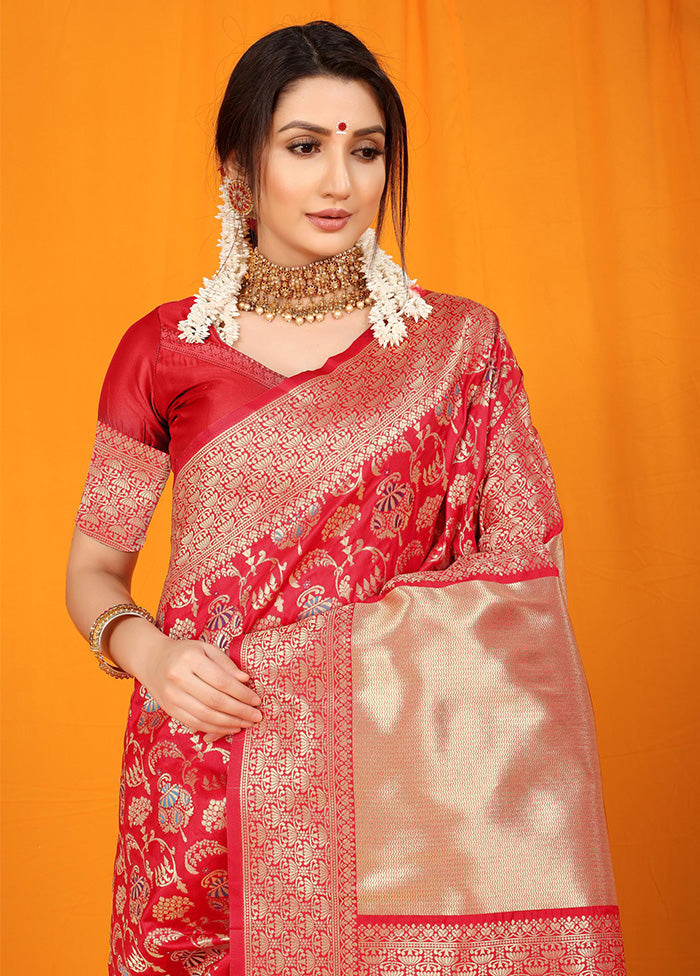 Red Dupion Silk Saree With Blouse Piece