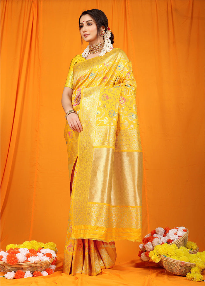 Yellow Dupion Silk Saree With Blouse Piece