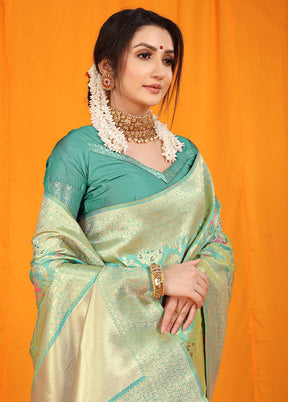 Sea Green Dupion Silk Saree With Blouse Piece