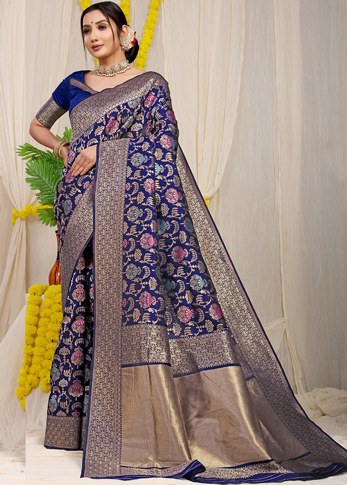 Blue Dupion Silk Saree With Blouse Piece