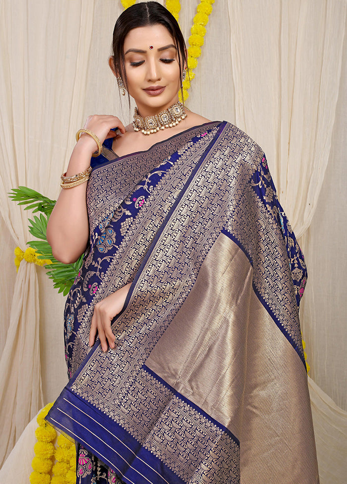 Blue Dupion Silk Saree With Blouse Piece