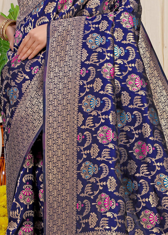 Blue Dupion Silk Saree With Blouse Piece