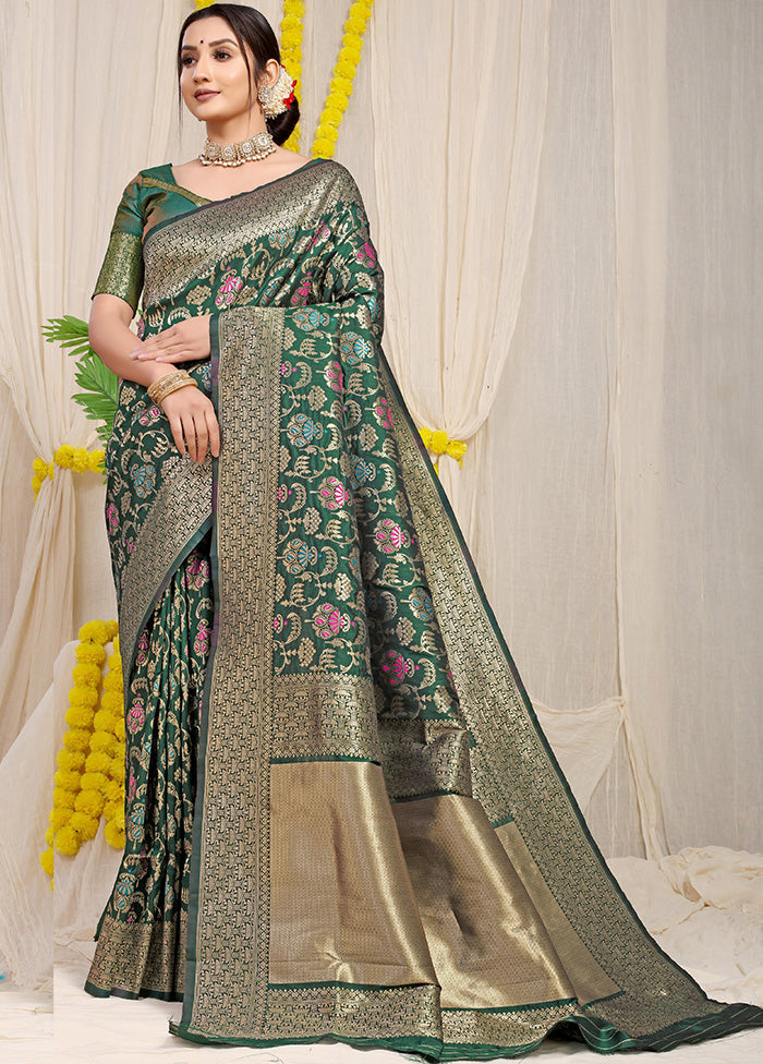 Bottle Green Dupion Silk Saree With Blouse Piece