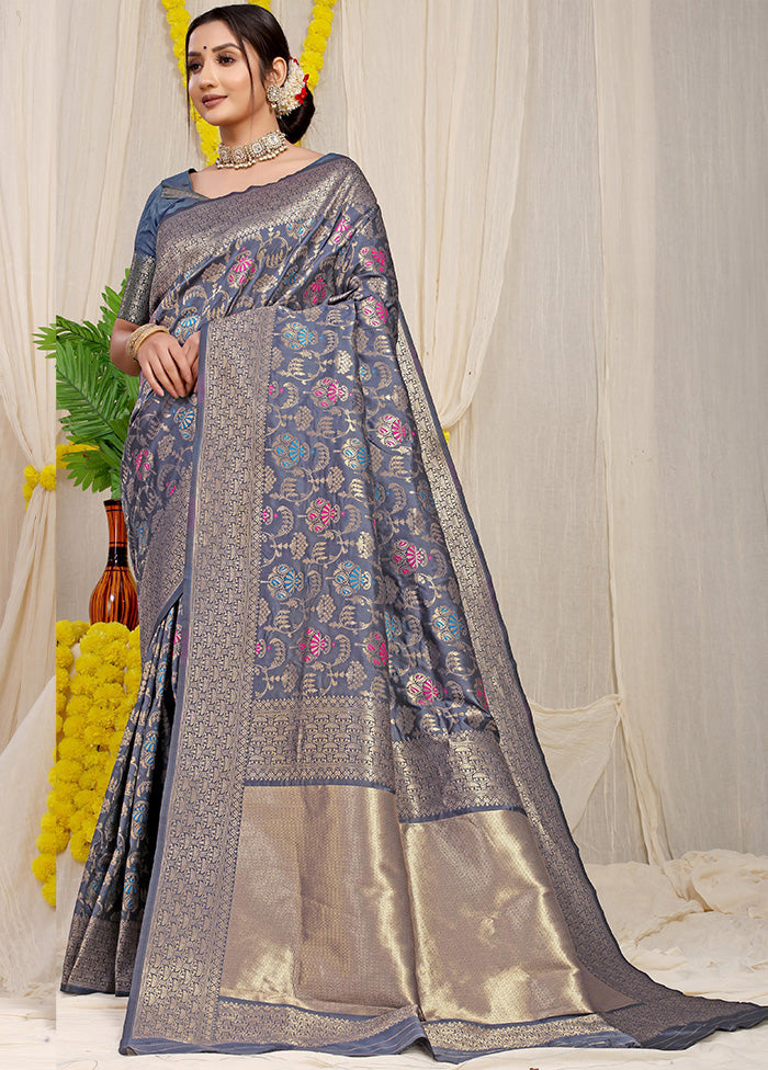 Grey Dupion Silk Saree With Blouse Piece