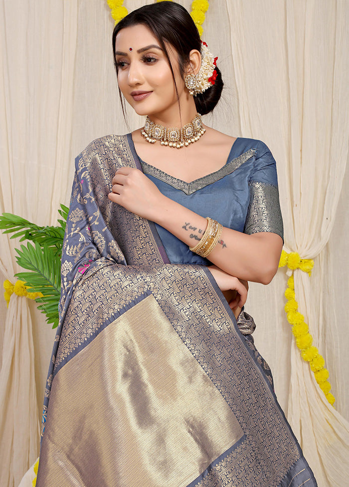 Grey Dupion Silk Saree With Blouse Piece